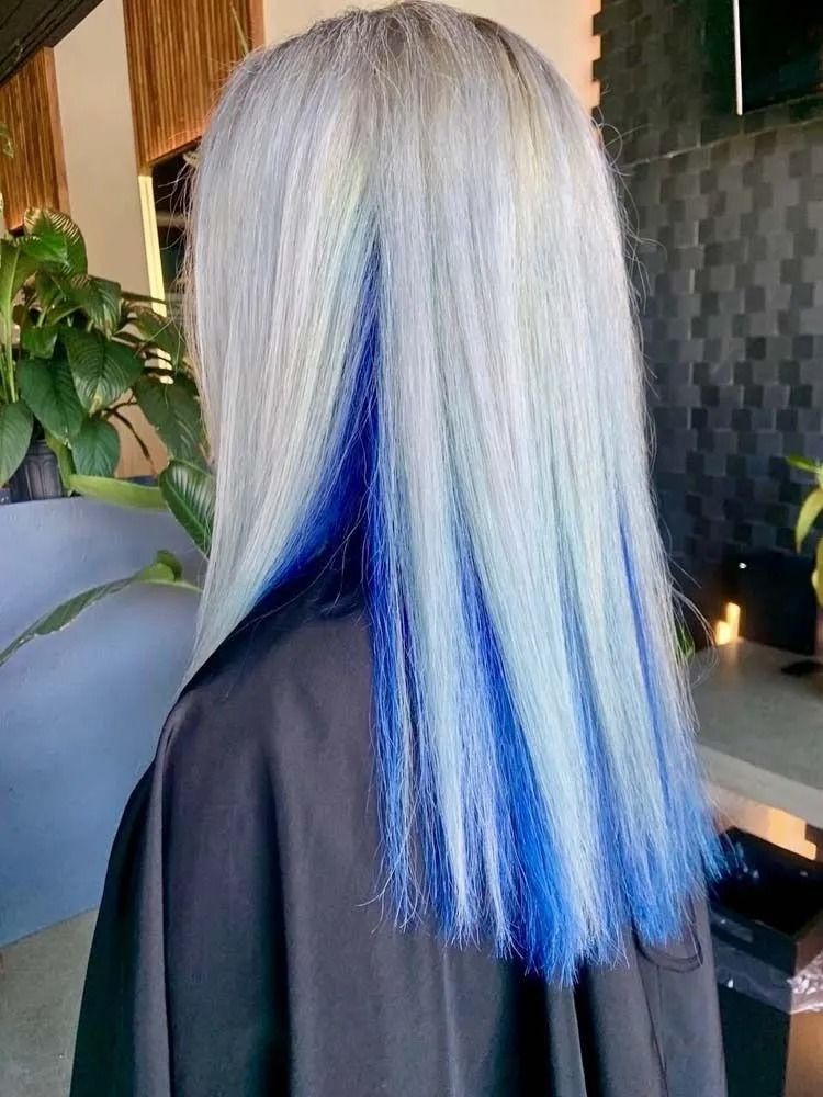 Long silver hair with vivid blue ombré ends, viewed from behind in a salon chair.