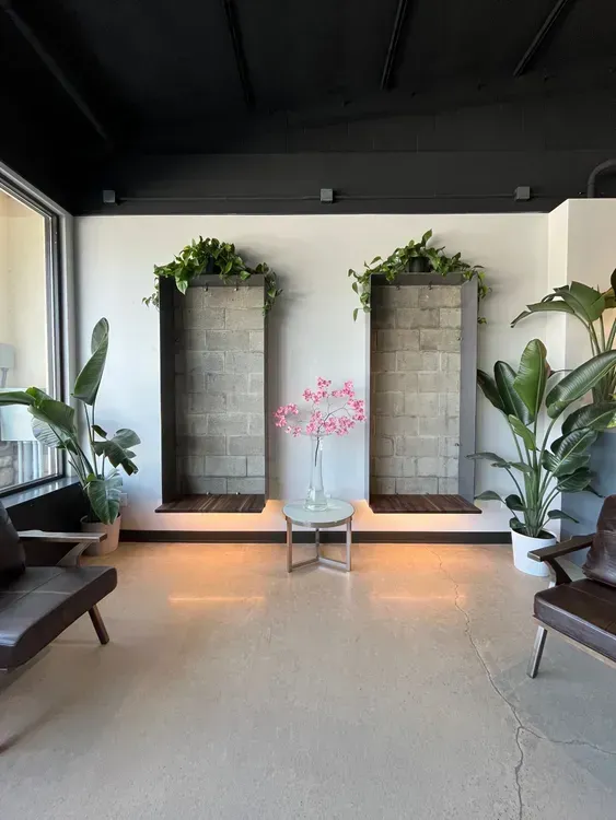 Modern lobby with stone water features, potted plants, and a pink orchid centerpiece on a small table.