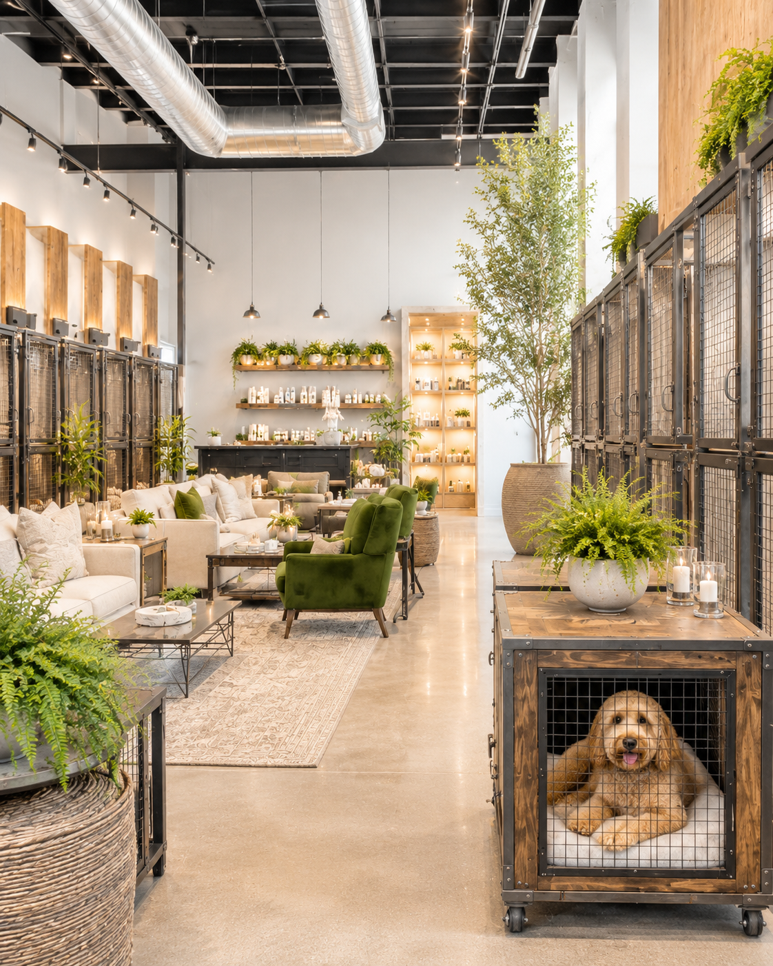 Warm, dimly lit lounge with leather seating, plants, exposed ductwork, and shelves in the background