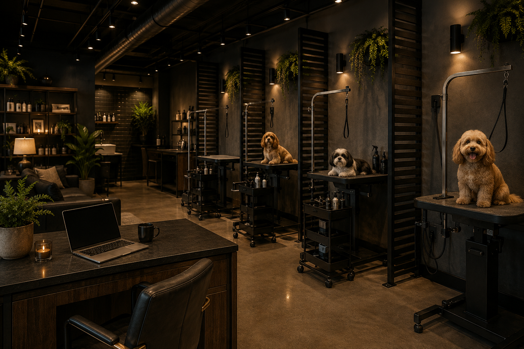 Dim, stylish pet grooming salon with several dogs on grooming tables under warm lights