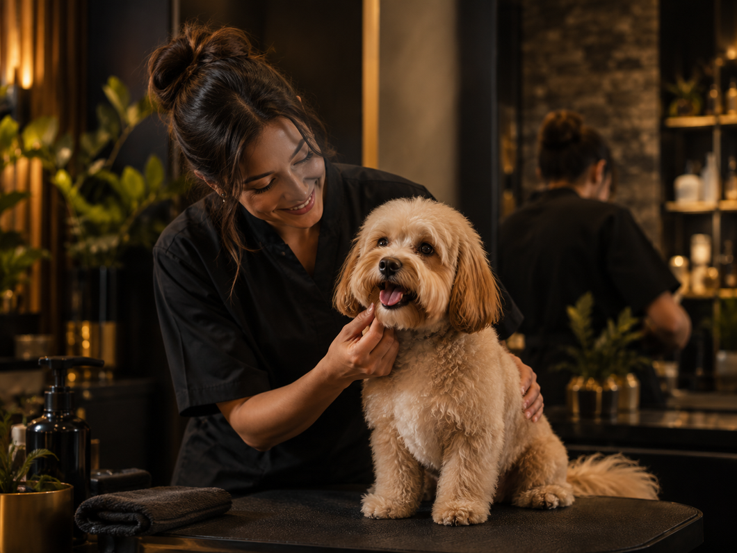 Woman grooming a small tan dog on a salon counter in a dimly lit pet shop