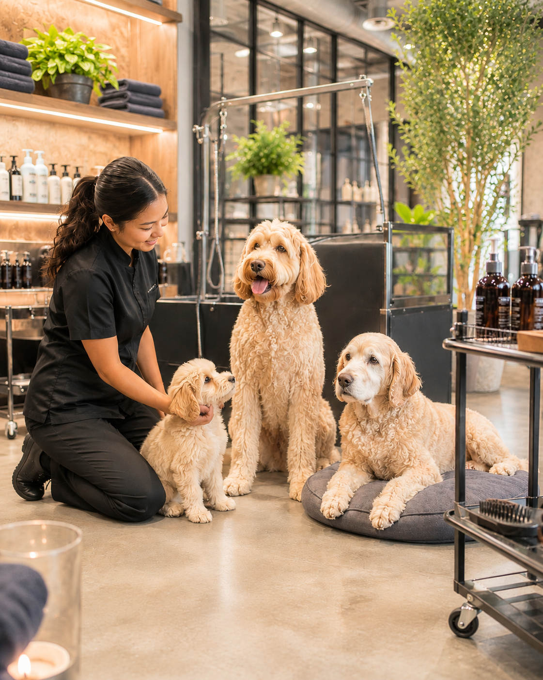 Three dogs sit with a groomer in a warmly lit pet salon, one standing and two resting nearby.