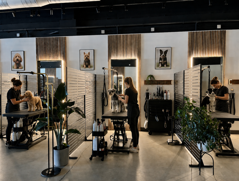 Dog being groomed in a cozy, dimly lit salon with warm shelves and candles.