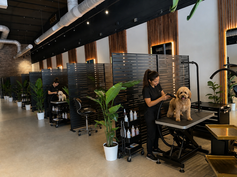 Pet groomer trimming a dog on a table in a modern salon with plants and partitioned workstations