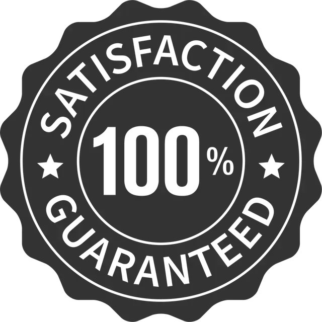 100% Satisfaction Guaranteed Black and white “100% Satisfaction Guaranteed” seal badge with stars around the edge