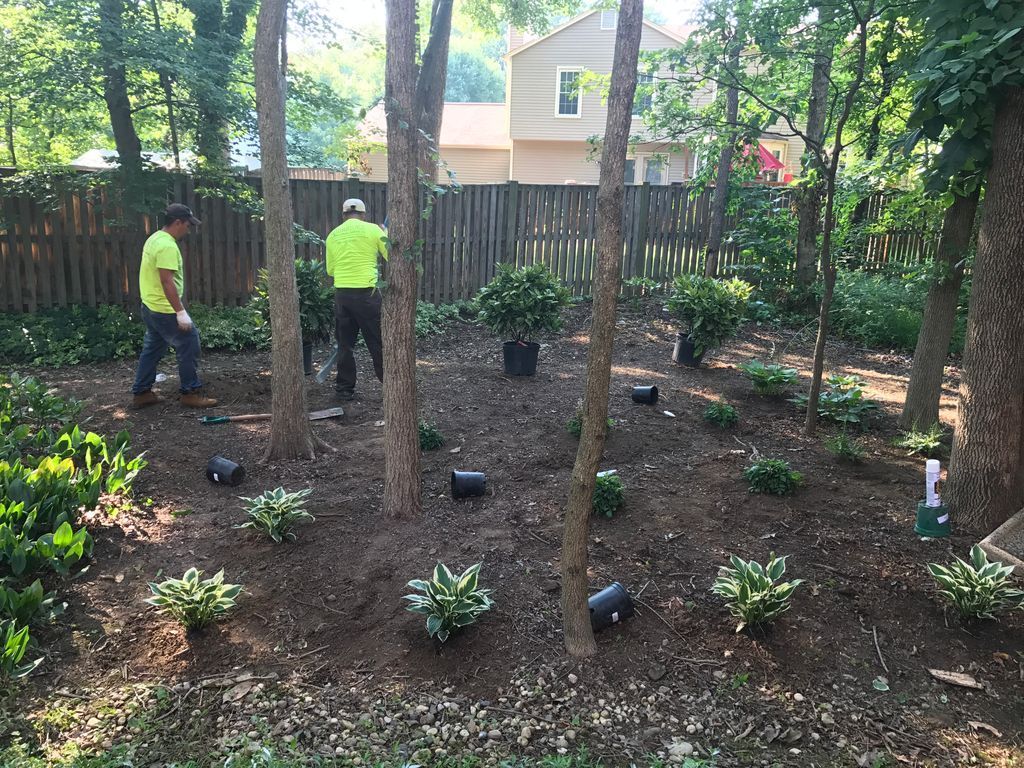 Two workers in neon shirts planting shrubs in a mulched backyard garden near a wooden fence.