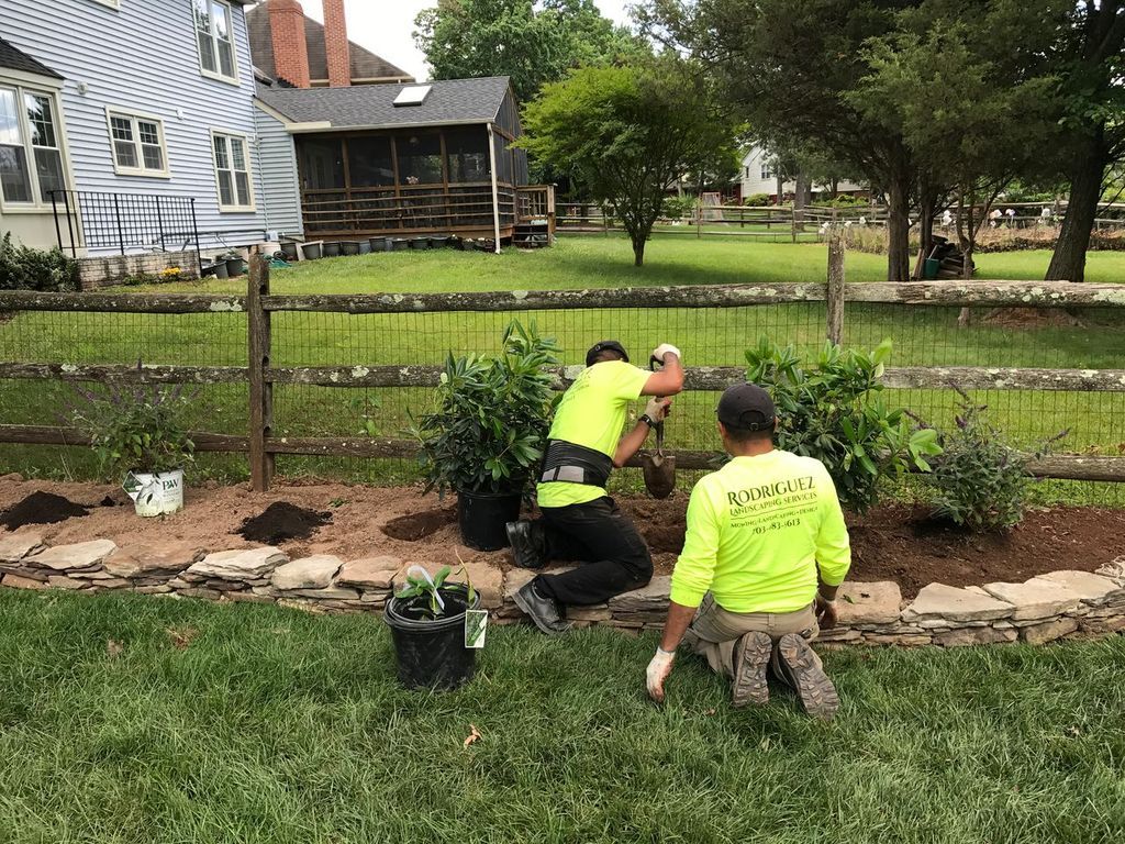 Two workers in neon shirts installing plants in a backyard garden bed beside a house