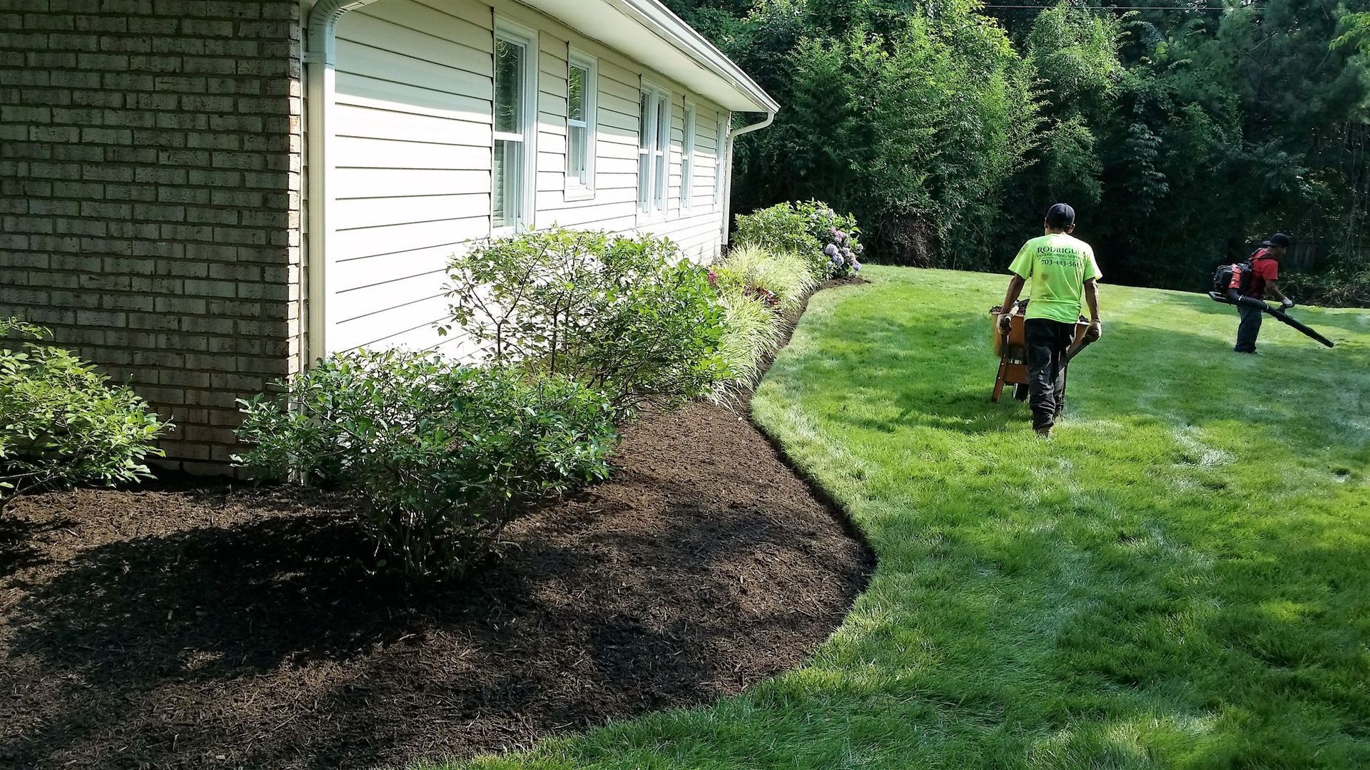 Two workers with leaf blowers on a green lawn beside a house, clearing mulch along the foundation