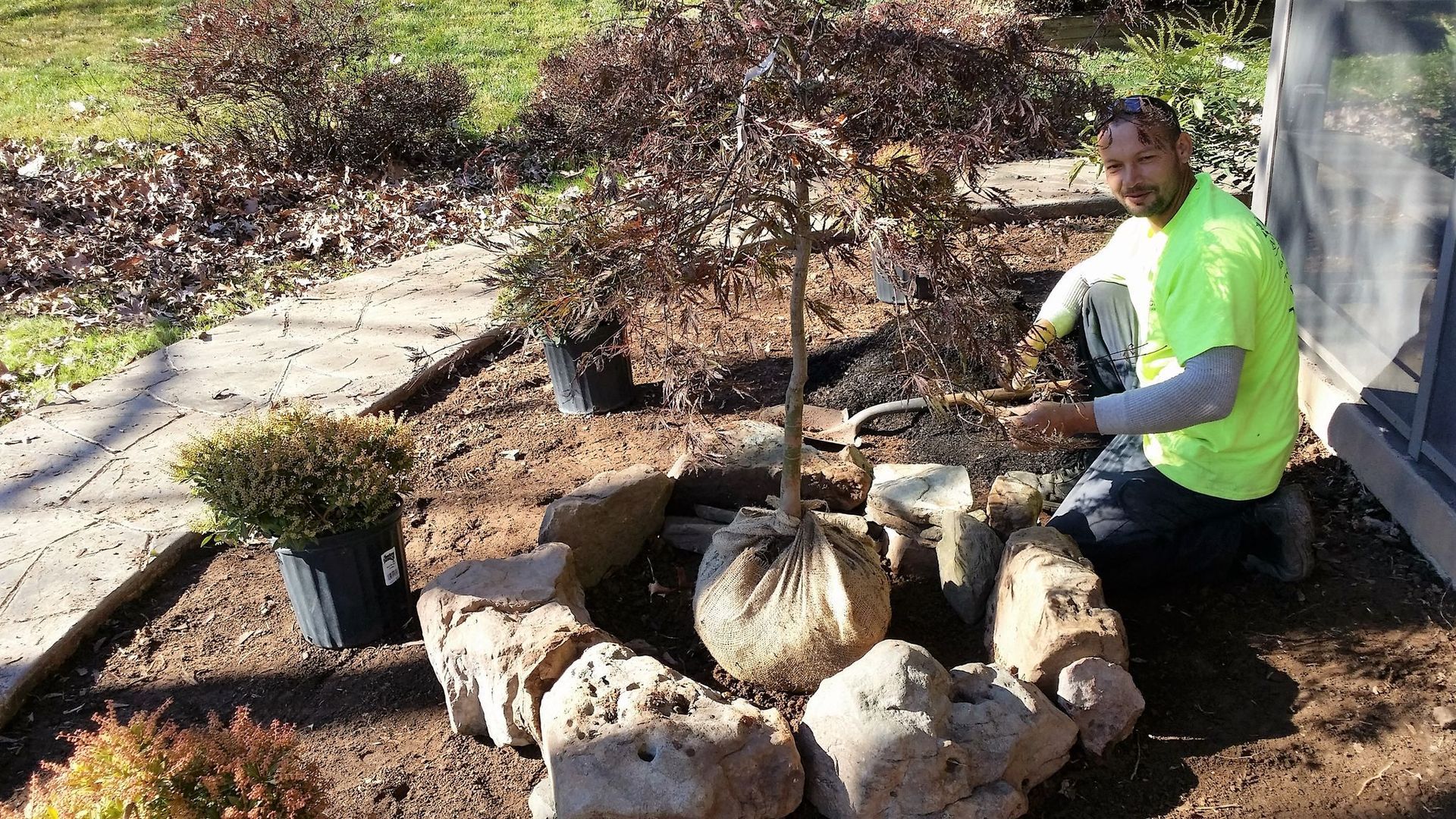 Worker in neon shirt tending a landscaped rock garden beside a small tree.