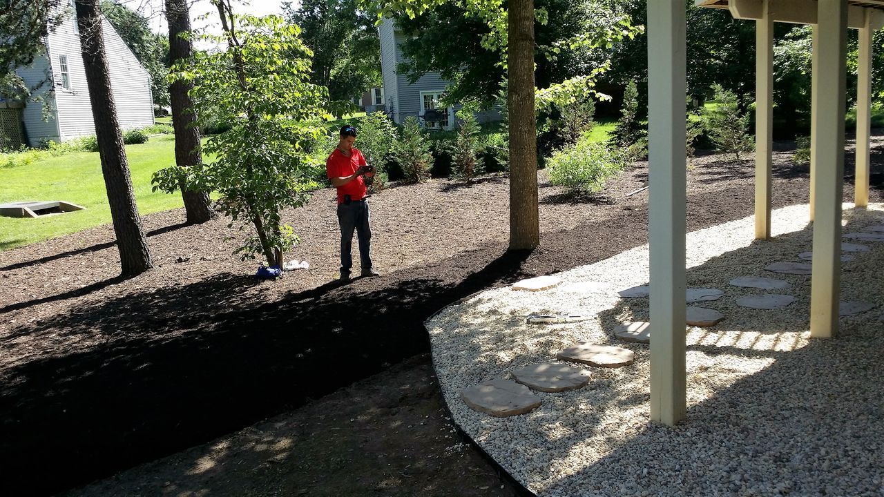 Person in a red shirt standing on a garden path among trees and gravel in a park-like setting