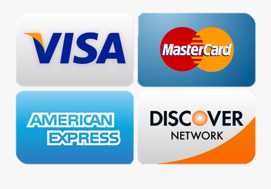 Visa, MasterCard, American Express, and Discover logos on blue and white tiles