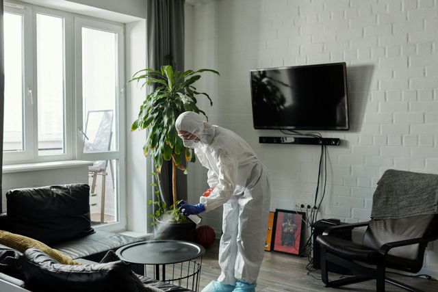 Person in hazmat suit disinfecting a living room.