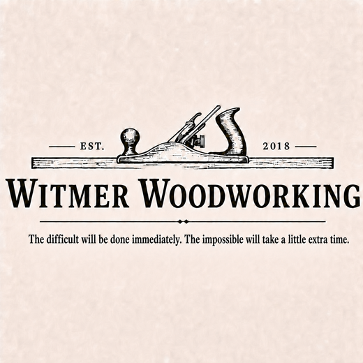 Witmer Woodworking logo with saw and woodcarving tools, black text on beige background, “EST. 2016” and slogan below