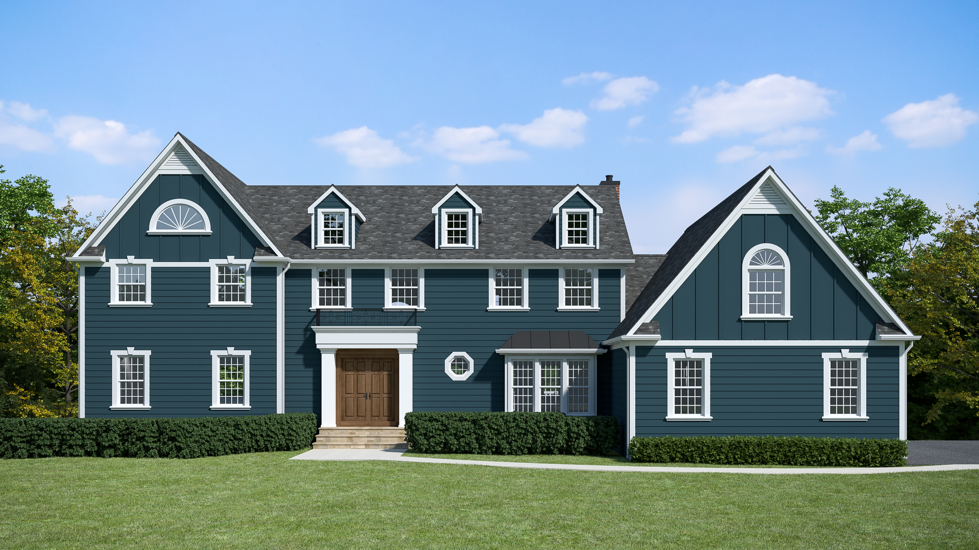 Front elevation rendering of a traditional colonial-style home with blue siding and dormer windows, designed by Quality Manages
