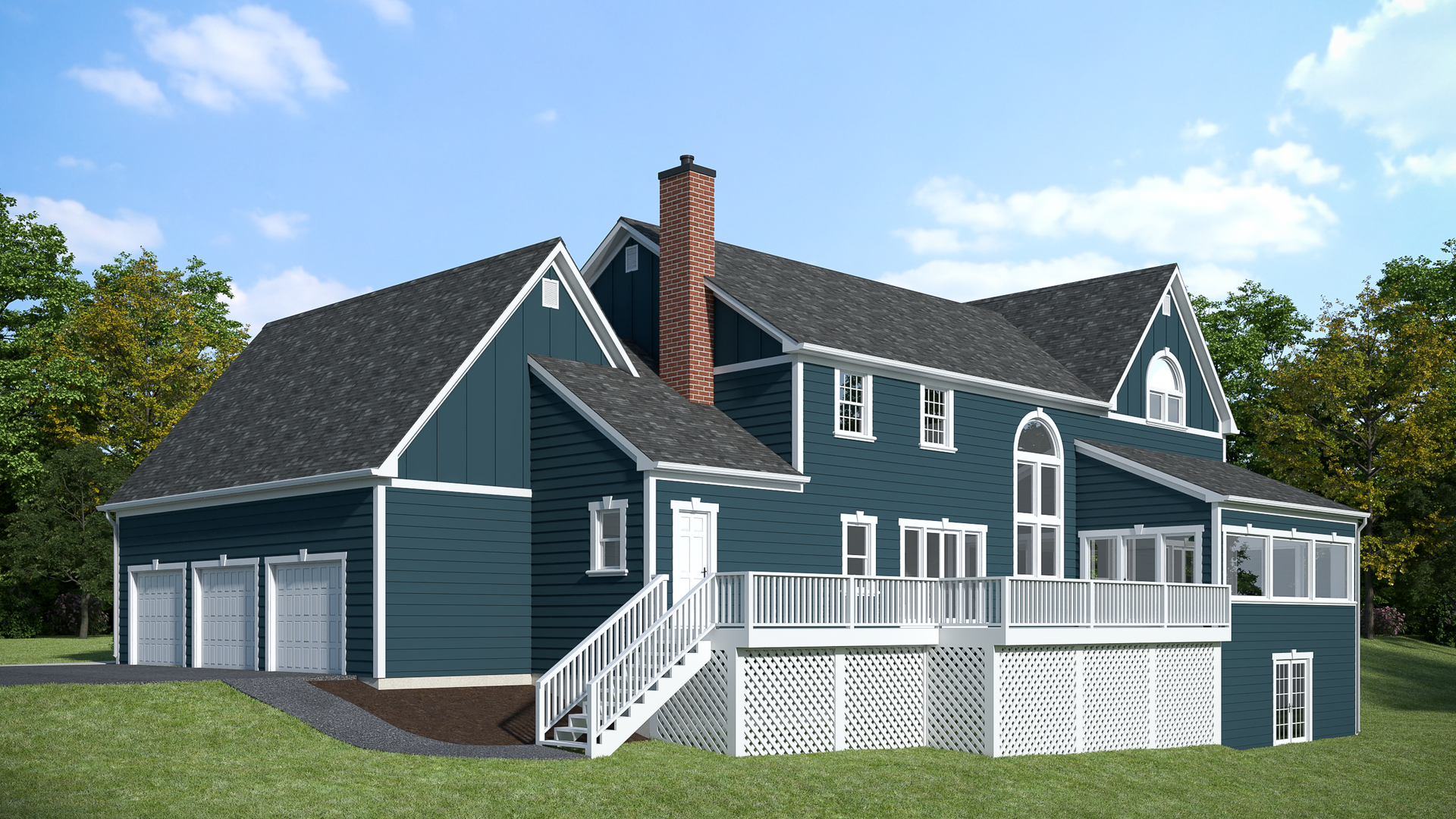 3D side-view rendering of a two-story blue home with chimney and raised deck with white railings