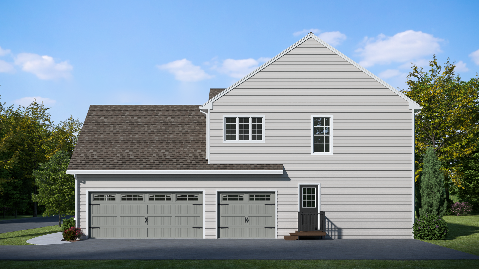 Side elevation rendering of three-car garage addition with gray siding and pitched roof