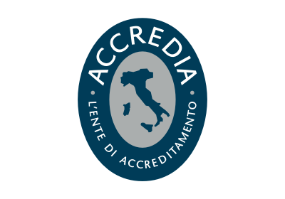ACCREDIA logo with blue circular seal and Italy silhouette, “Ente di Accreditamento” text