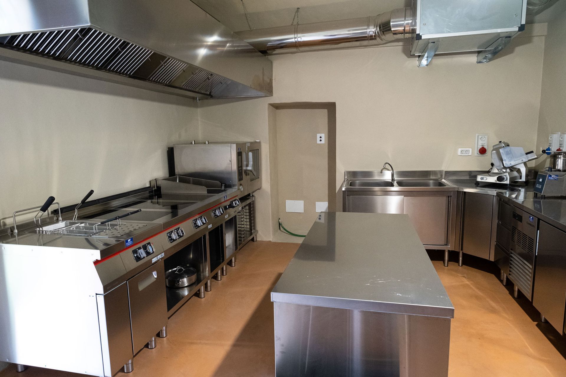 Cucina professionale con ripiani in acciaio inox, piano cottura, lavelli e cappa aspirante.