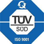 Logo di certificazione ISO 9001 di TÜV SÜD in blu e bianco