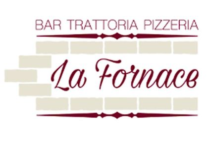 Logo per La Fornace, bar, trattoria, pizzeria, in bordeaux su sfondo color crema mattone.