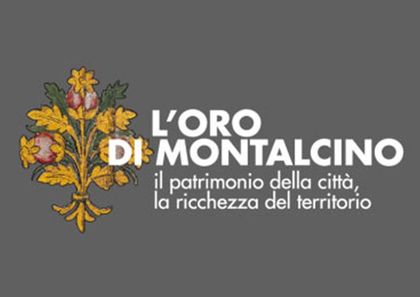 Logo con ramo di castagno dorato e scritta bianca “L'ORO DI MONTICINO” su sfondo grigio.