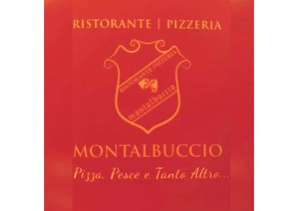 Insegna rossa del ristorante e pizzeria Montalbuccio con testo e logo dello stemma in oro.