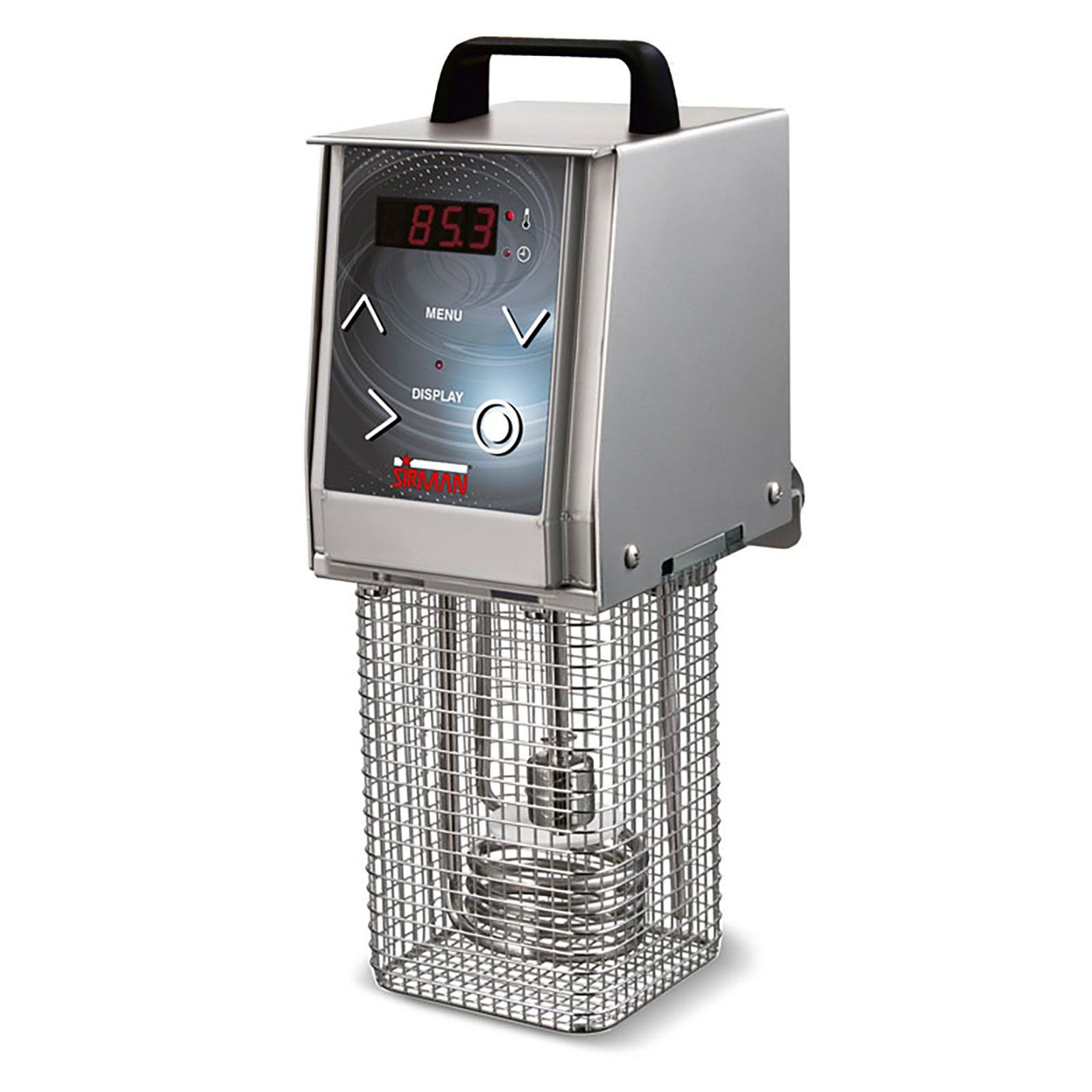 Robot da cucina digitale per cottura sottovuoto in acciaio inox con maniglia nera e cestello in filo metallico.