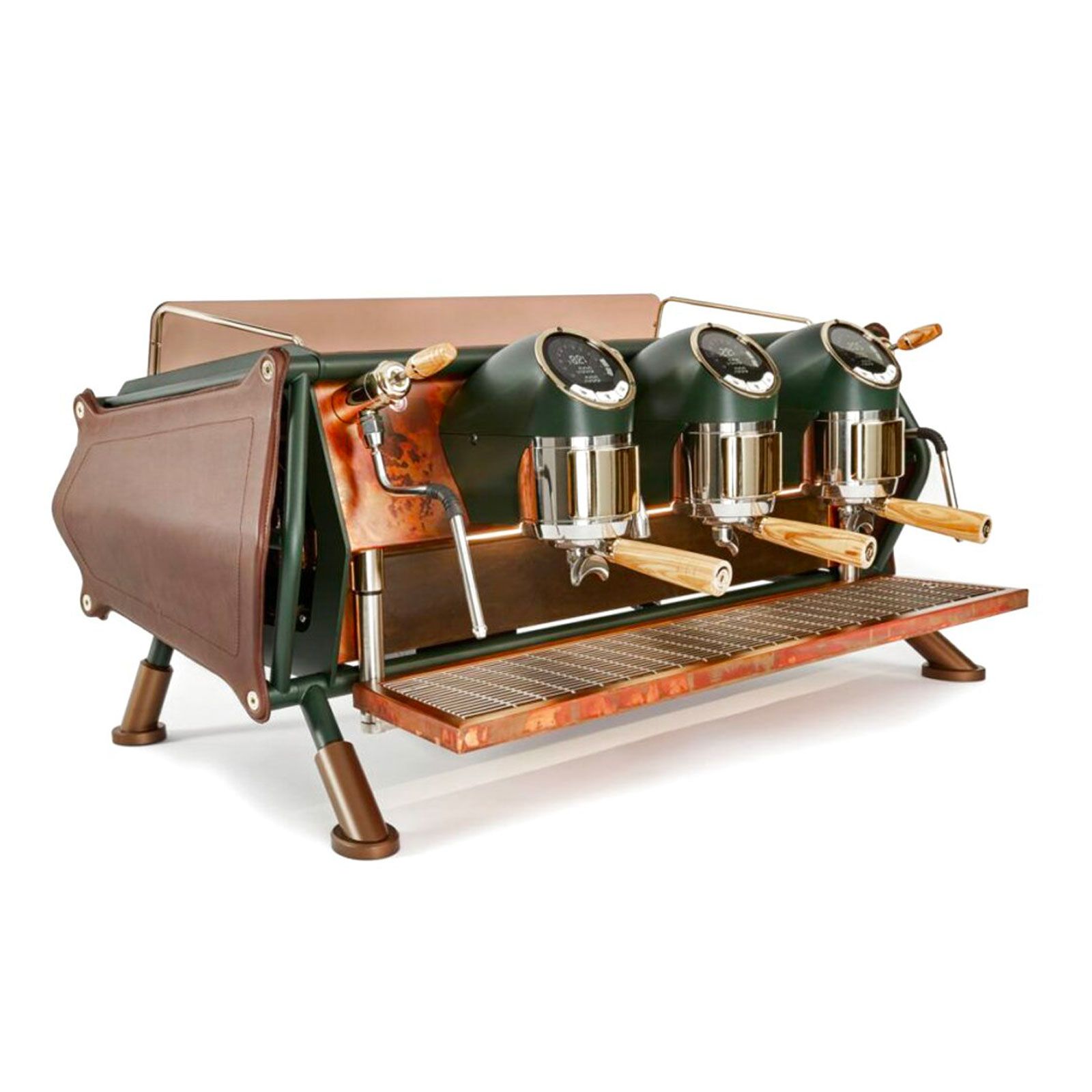 Macchina da caffè espresso vintage a tre gruppi con leve cromate e cappe verdi su base marrone.