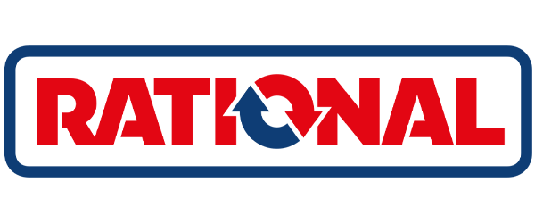 Logo RATIONAL in rosso e blu all'interno di un rettangolo arrotondato blu.