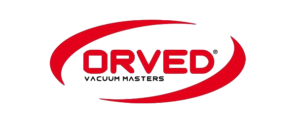 Logo ORVED Vacuum Masters in rosso e grigio con un design a forma di swoosh curvo.