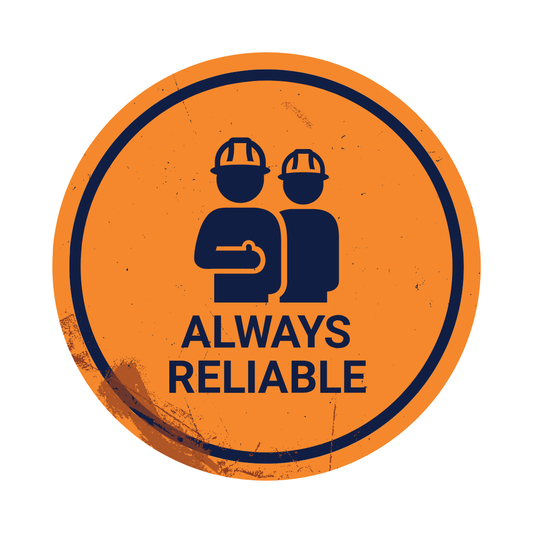 Orange sign with two figures in hard hats, arm in arm,