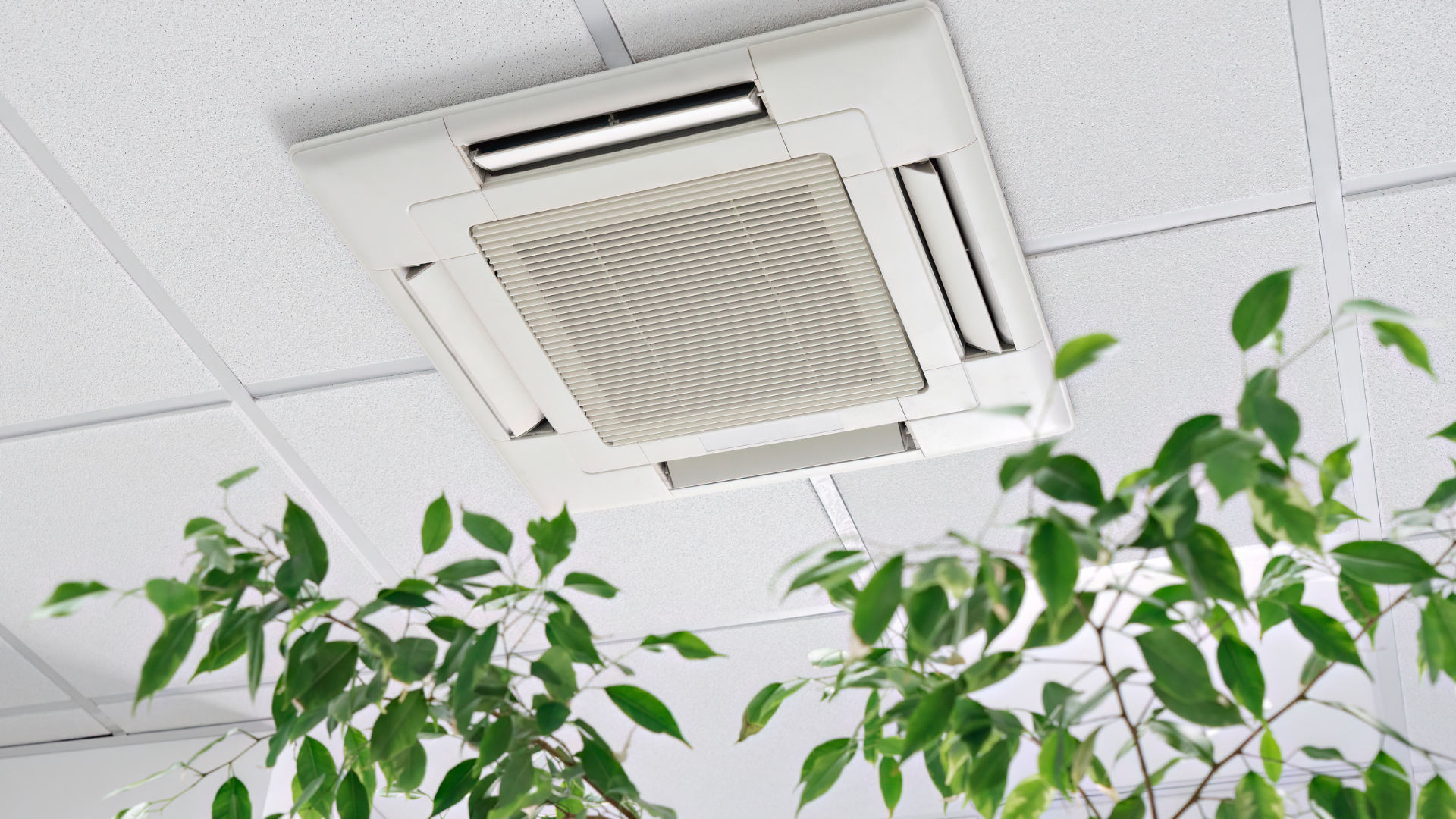 Ceiling-mounted air conditioning unit in a white tiled office space, with green plants in the foreground.