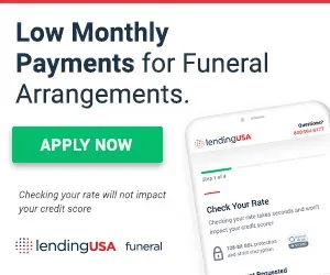 Ad for low monthly funeral arrangement payments with green “Apply Now” button and mobile rate-check screen
