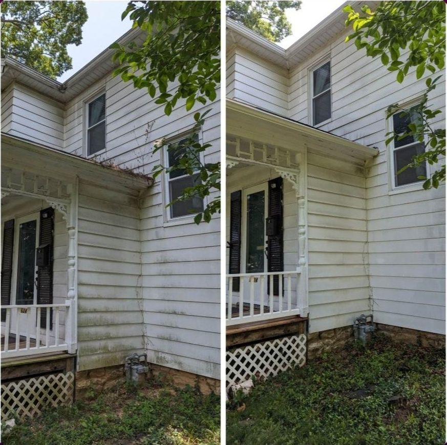 Side-by-side views of a white house exterior with porch, lattice skirting, and trees overhead