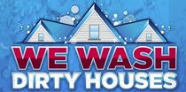 Blue logo with houses and bold text: “WE WASH DIRTY HOUSES”