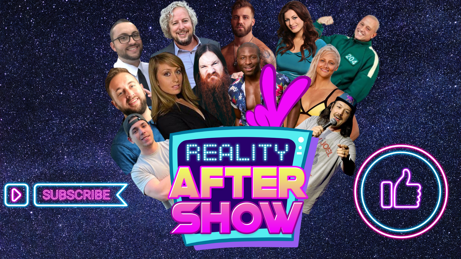 A group of people are posing for a picture in front of a reality after show logo.