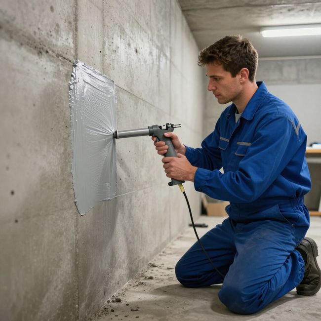 Man in blue overalls using a caulking gun on a concrete wall, applying sealant to a patch.