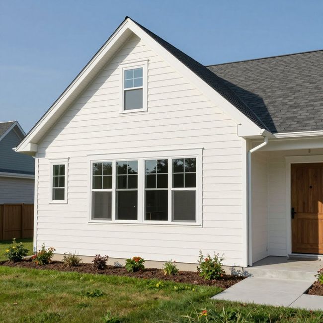 White house with gable roof, windows, and wooden door; blue sky and green grass.