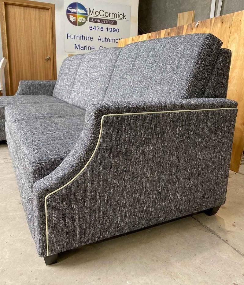 Gray Fabric Sofa With Curved Arms — McCormick Upholstery In Coolum Beach, QLD