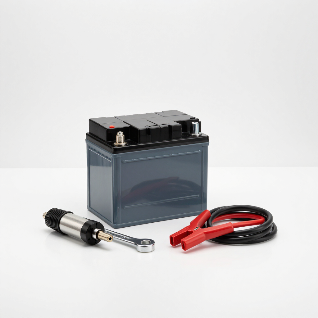 Batería de coche con cables de arranque y un extractor de terminales de batería sobre un fondo blanco.