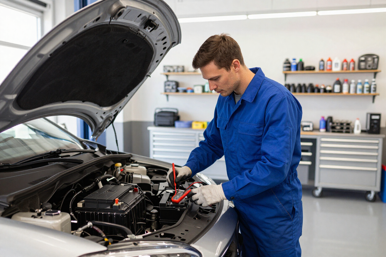 Mecánico con mono azul inspeccionando el motor de un coche en un taller mecánico.