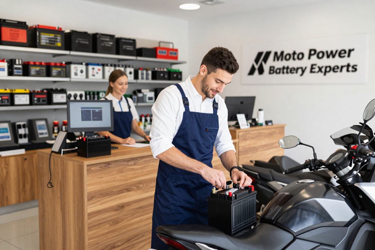 Mecánico con delantal azul instalando una batería de coche en un taller de baterías Moto Power.