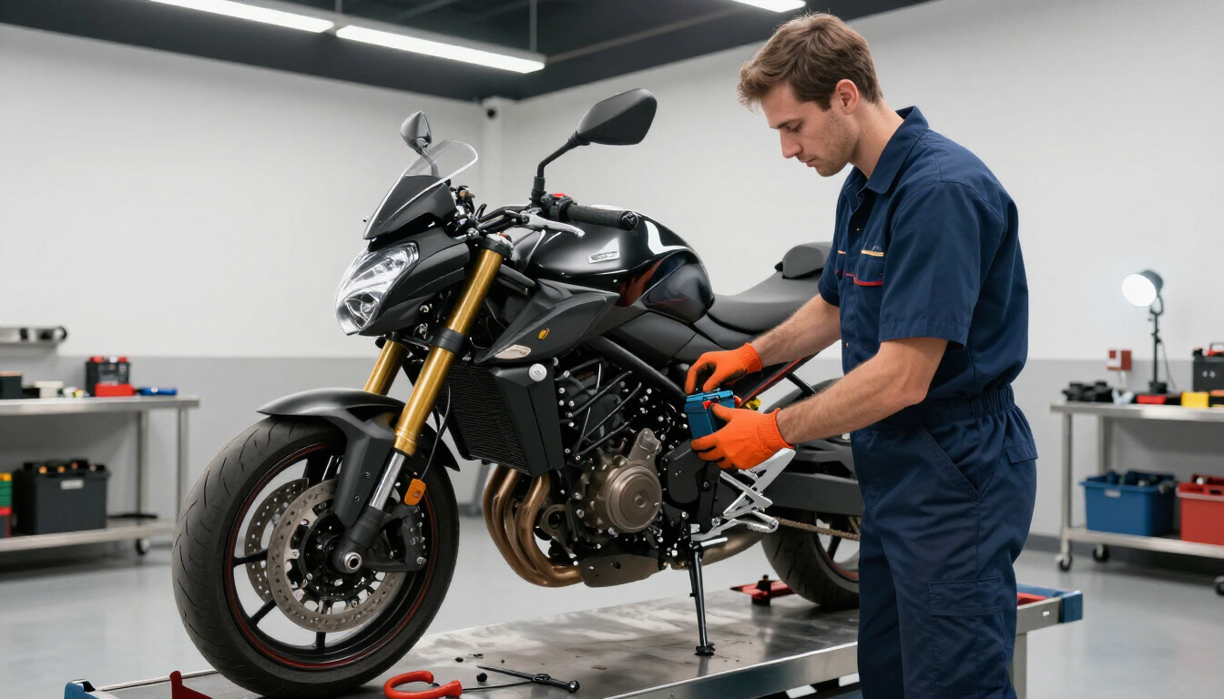 Mecánico trabajando en una motocicleta negra en un taller luminoso, utilizando herramientas junto a la moto.