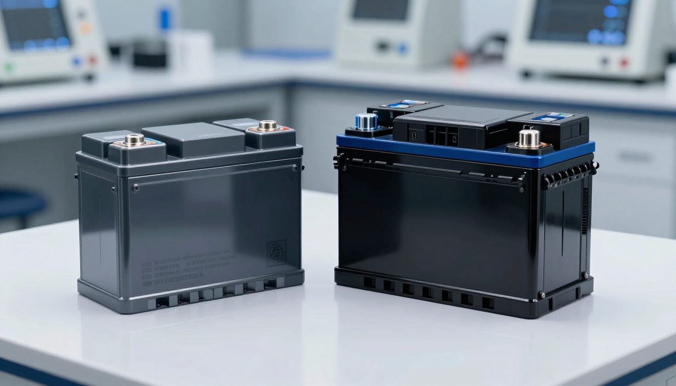 Dos baterías rectangulares negras sobre una mesa de laboratorio blanca, una de ellas con la parte superior azul y los terminales expuestos.