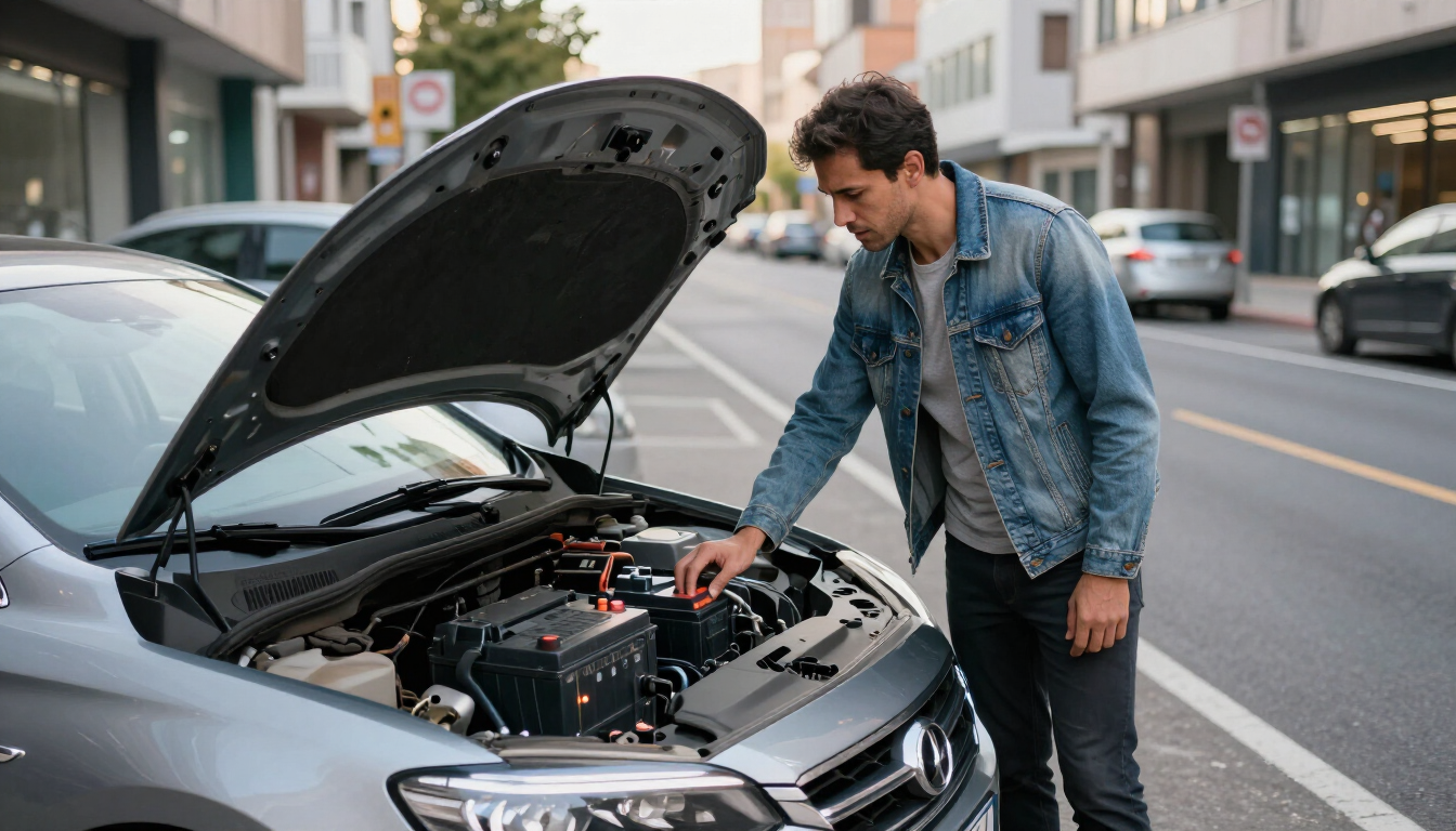 Un hombre inspecciona el motor de un coche con el capó abierto en una calle de la ciudad.