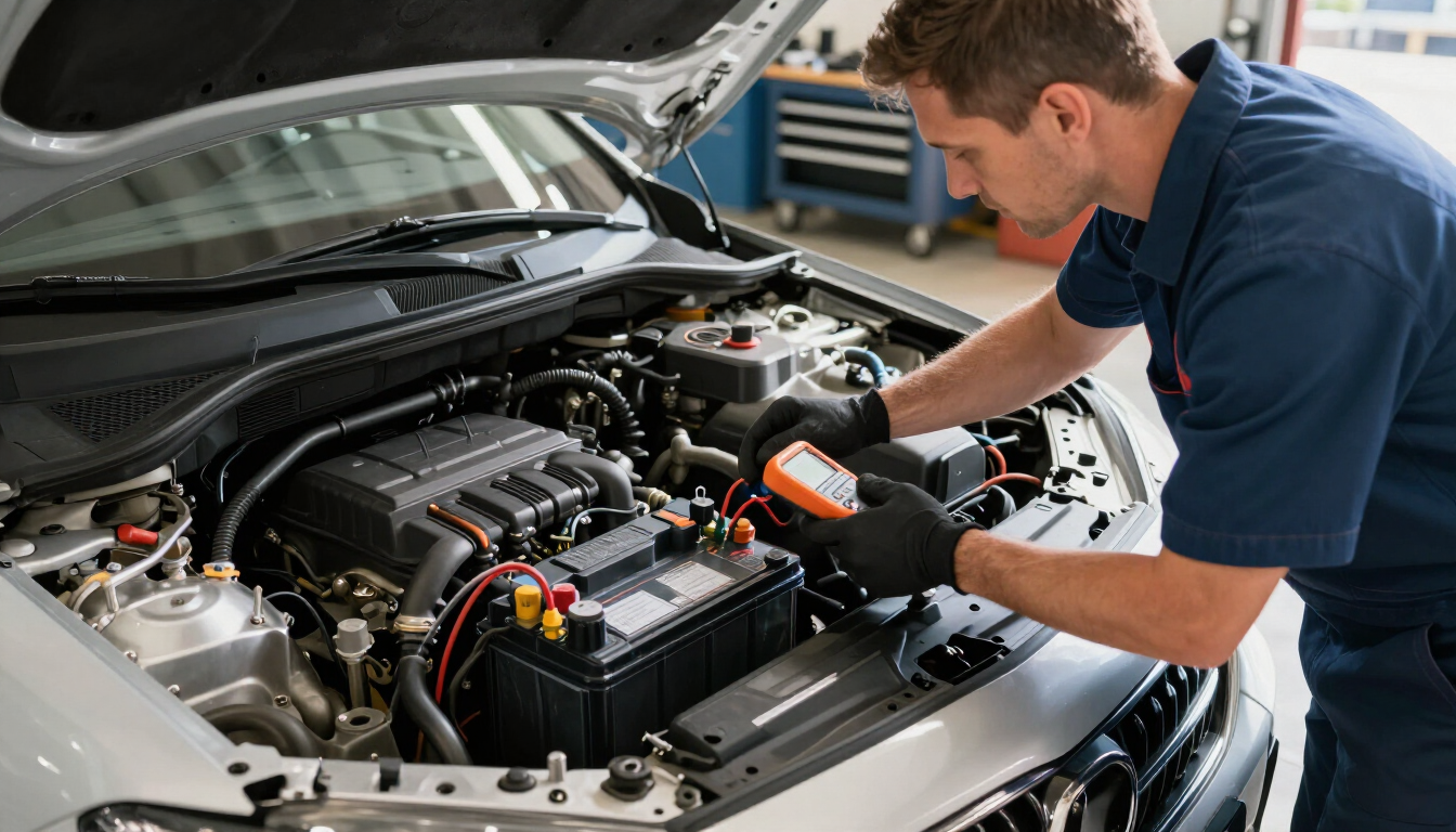 Mecánico inspeccionando el motor abierto de un coche en un taller, con guantes y utilizando herramientas.