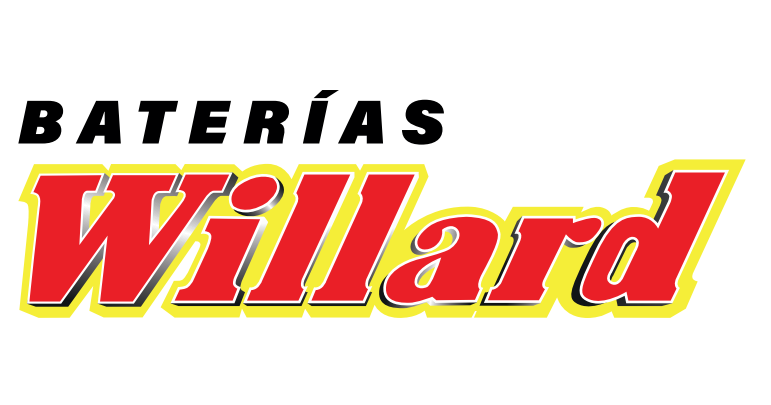 Logotipo de Baterías Willard en negro, rojo y amarillo sobre fondo blanco.