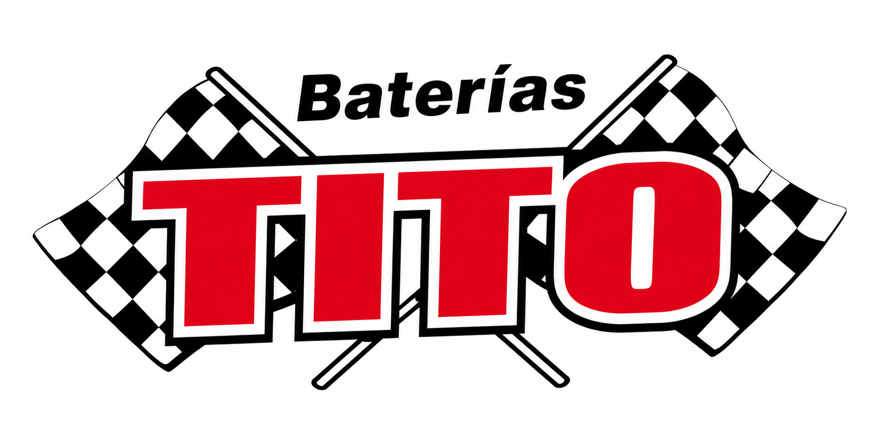 Logo de Baterías Tito en rojo y negro con bandera de cuadros