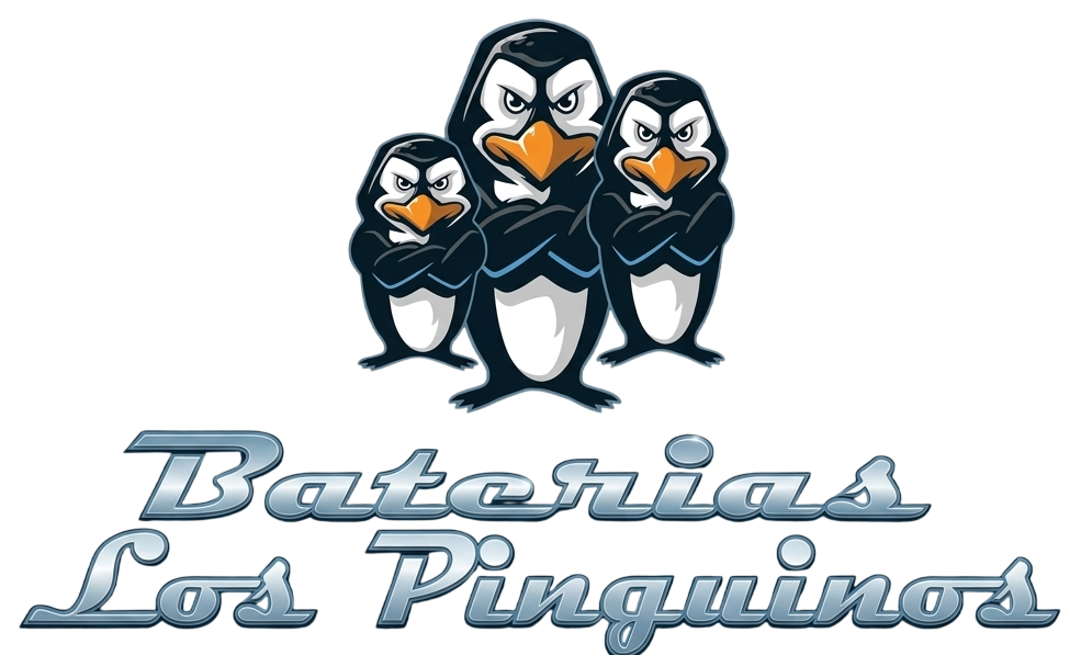 Three cartoon penguins above the text “Baterías Los Pinguinos”