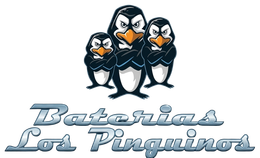 Three cartoon penguins above the text “Baterias Los Pingüinos”